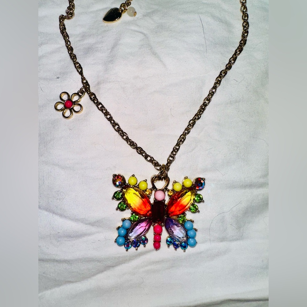 Betsey Johnson Gold Tone Multicolored Crystal Butterfly Slide Lovefest Necklace